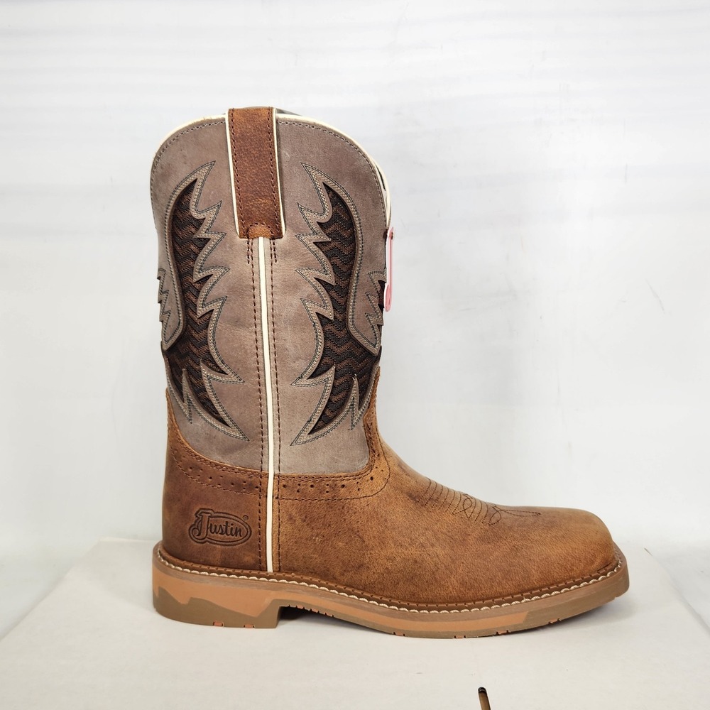 Justin Work Boots Men Size 9 Redwood Water Buffalo Square Toe EH Leather SE4110